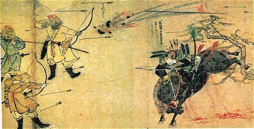 An Image from Japanese Martial Arts History. The Suenaga Scroll shows an earl samurai on horseback with box and arrows.
